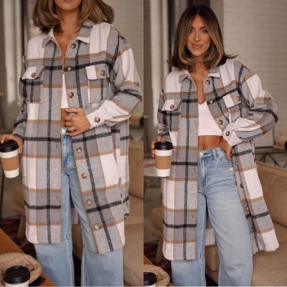 Plaid Flannel Button Long Shacket Shirt Jacket Peacoat Trench Coat Small - Picture 1 of 14